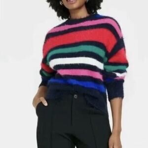 A New Day Sweater Fuzzy Pullover Striped Multicolored Colorful Crewneck Sz L New